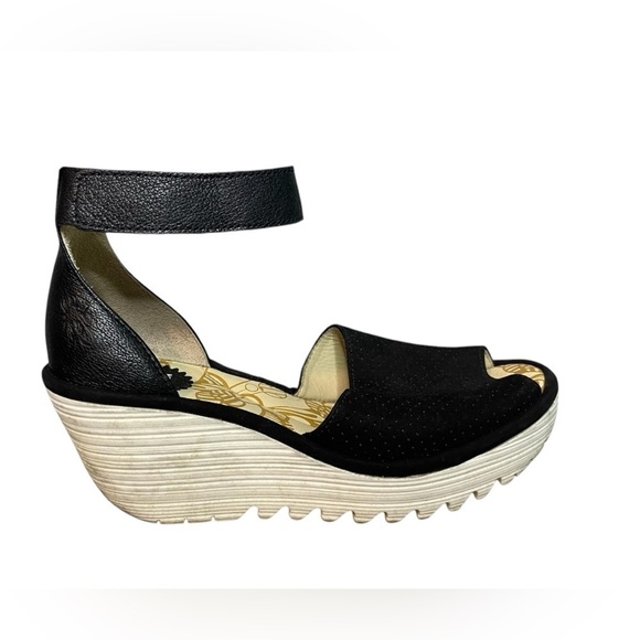 FLY London Perforated Leather Wedge Sandals Yake Black Nubuck 38 US 7.5 - Picture 1 of 14